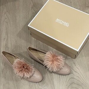 Michael Kors Women's Beige Loafers with Fluffy Pom Pom